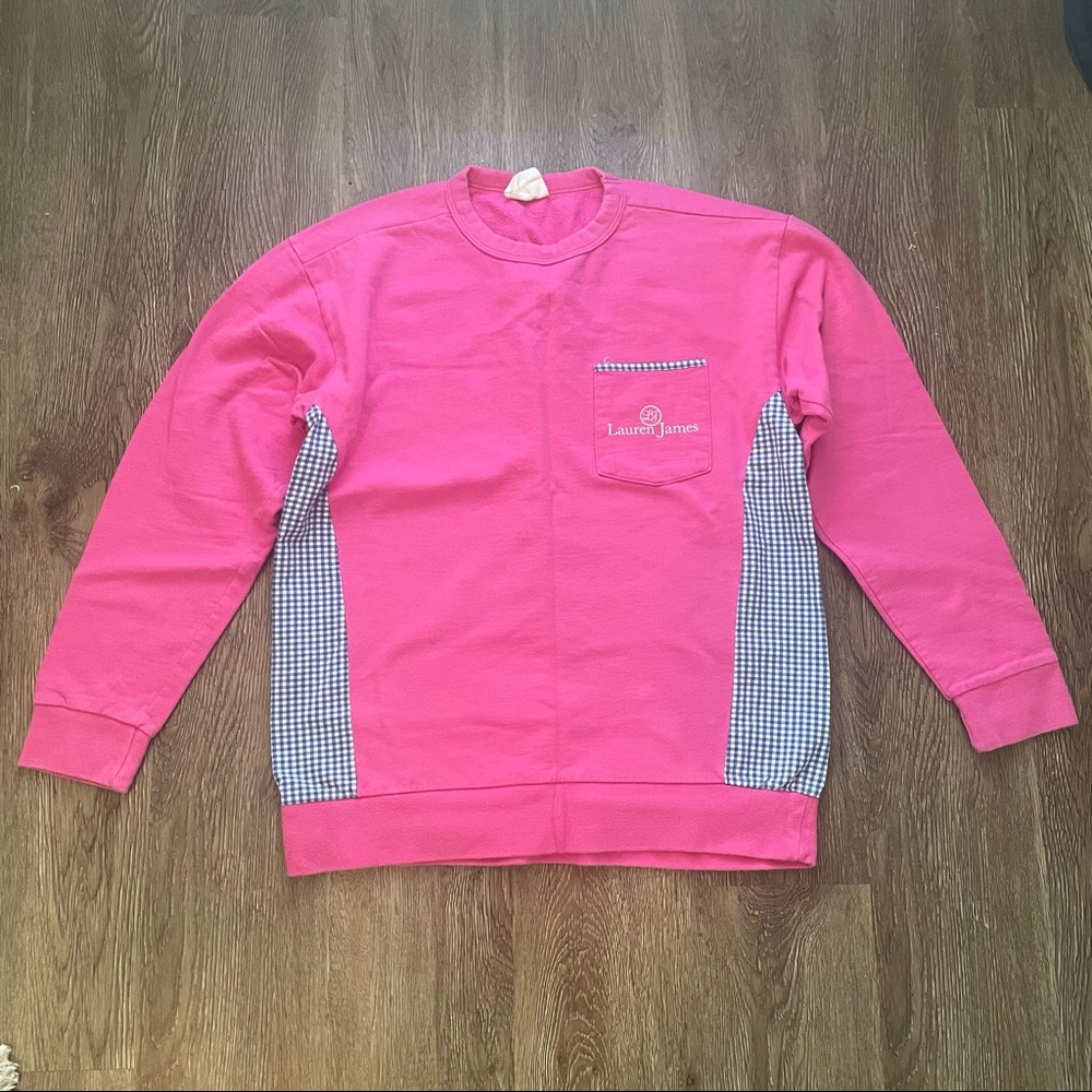 Lauren James Pink and Blue Gingham Panel Crewneck Sweatshirt Size Small